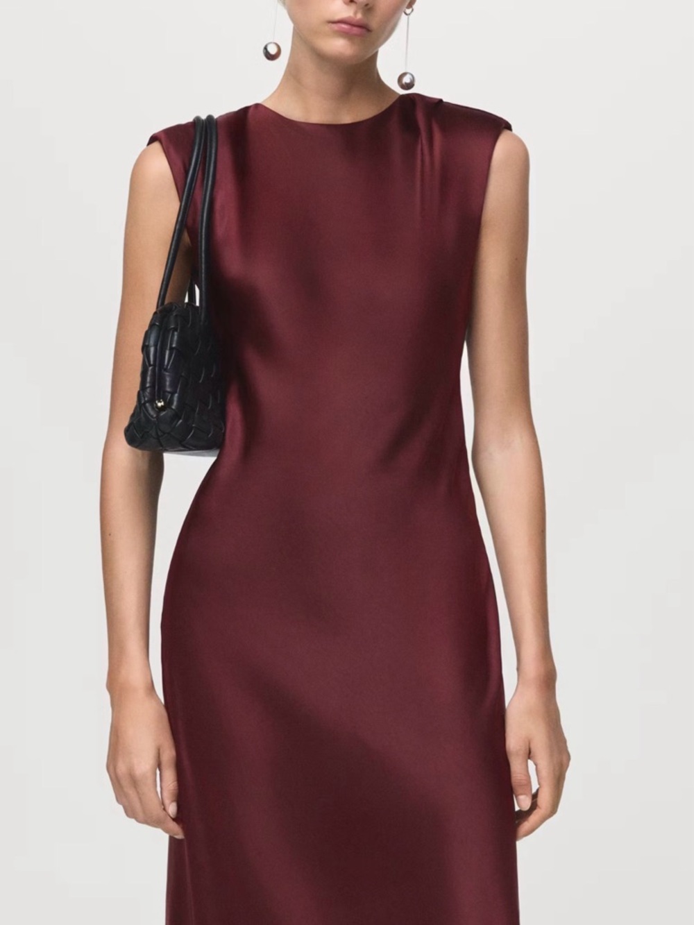 Mango Sleeveless Satin Midi Dress in Burgundy